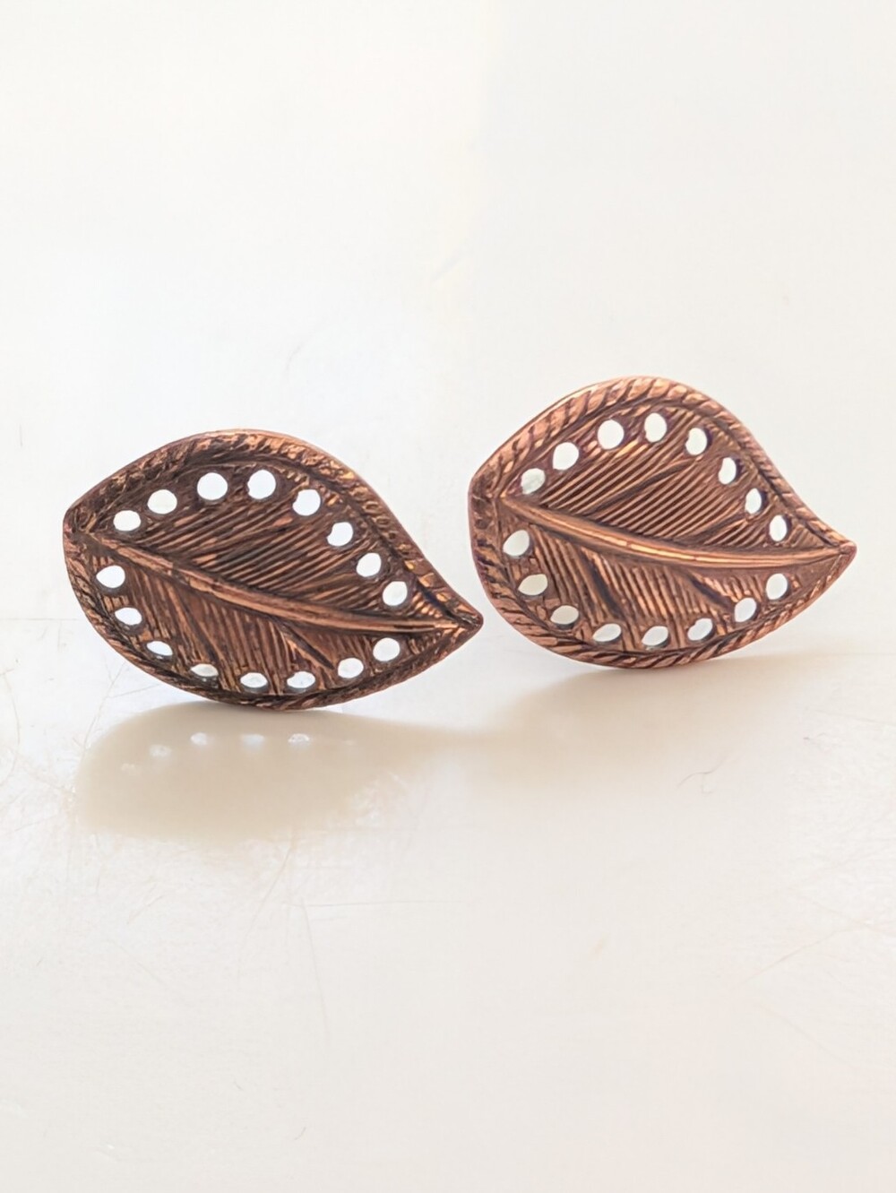 Vintage Bohemian Style Copper Textured Leaf Nature Floral Post Earrings